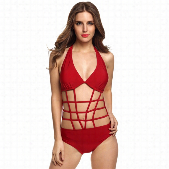 Stylish Sexy Women's One Piece Grid Halter Beach Bikinis Wimwear Swimsuit