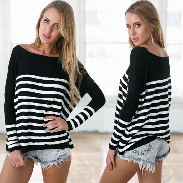 Stylish Women Casual Pluus Size Stripe Patchwork Long Sleevw Loose Top Blosue