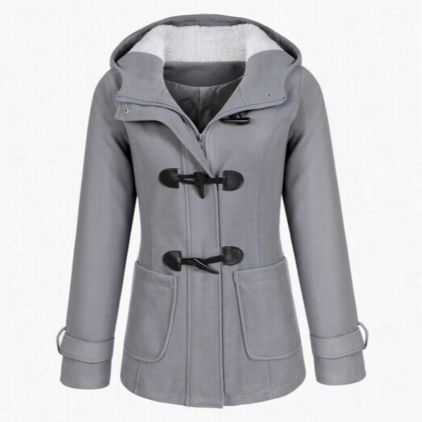 Stylish Womeen Casual Thick Slim Hooced Zipper Horn Buttons Coat Overcoat Jacket