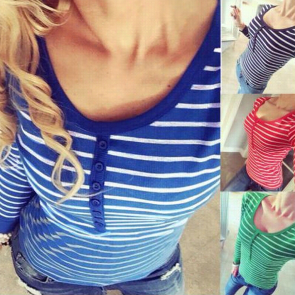 Stylish Women Girls O Neck Longsleeve  Striped T-shirt Blouse Top