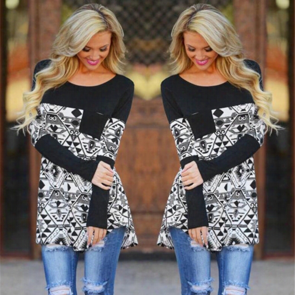 Stylish Women O-neck Long Sleeve Geometric Stitchingg Casual Blouse Oose  Tops