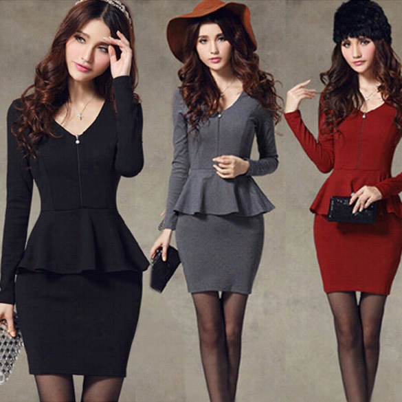 Stylish Women's Long Sleeve V-neck Solid Formal  Office Mini Dress