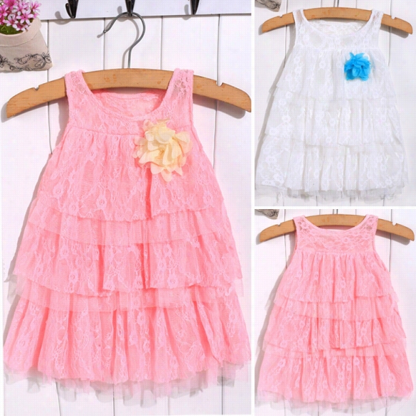 Summdr Baby Girl Children Fashion Round Neck Sleeveless Lace Ruffle Soild A-line Tutu Dress
