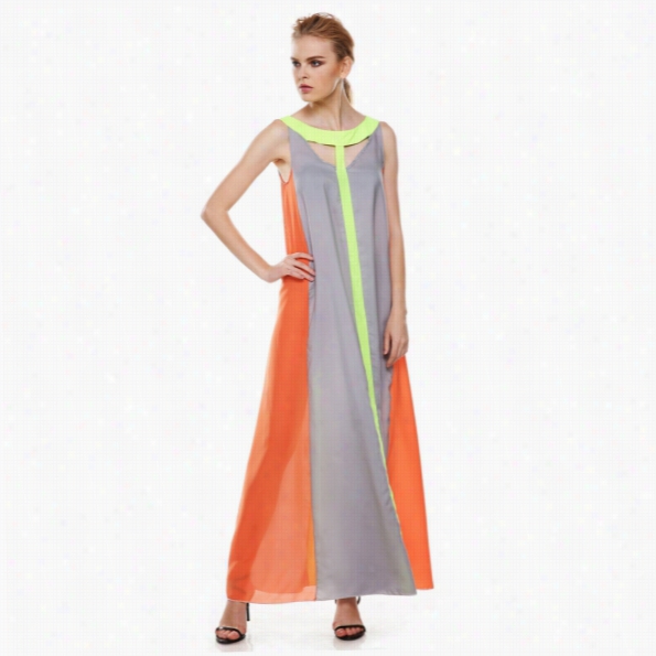 Summer Beach Women O-neck Sleevelses Casual Loose Patchwork Maxi Dress