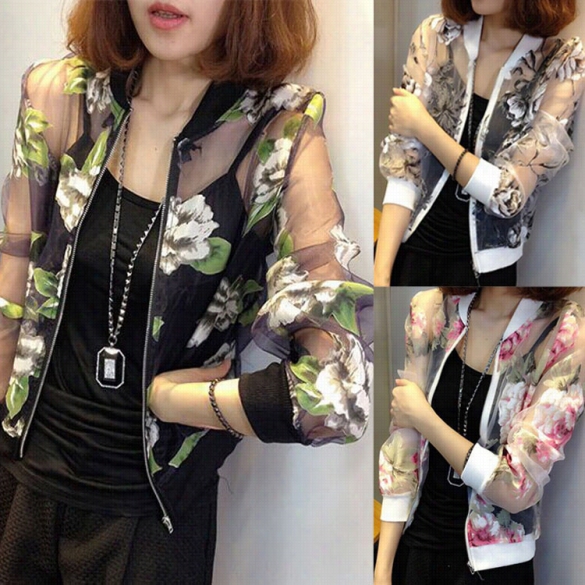 Summer Fashion Women Lonng Sleeve Floral Zip Coat Organzaa Sheer Jacket Tops