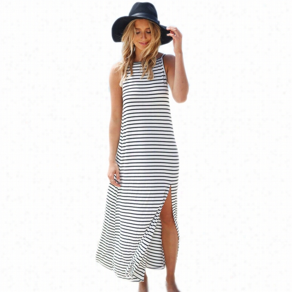 Summer Women Casual Adjustable Spaghetti Bind  Backless Striped Side Split Maxi Dress