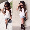 Cute Kids Girls Two Pieces Clothing Set Hollow Out Lace Hem Patchwork Casual T-shirt And Shorts