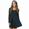 Women Fashion Casual Loose Fleece V Neck Long Sleeve Stretch Solid A-Line Short Dress