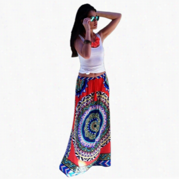 Vintage Style Women Springy Waist Geometric Pattern Strtch Beach Longskirt