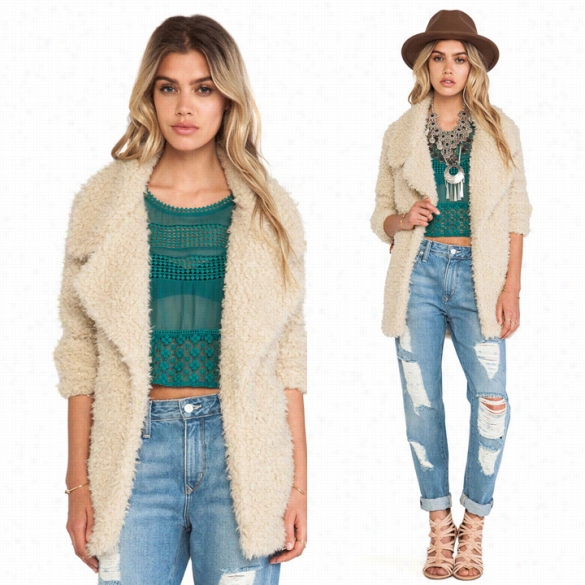 Winter Fashhion Women Woolen Outwear Long Sleeves Cardigan Lapel Coat