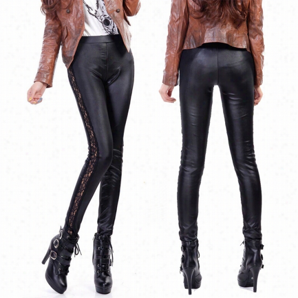 Women Black Spandex Sexy Lace Splice Faux Leather Tight Skinny Leggingx