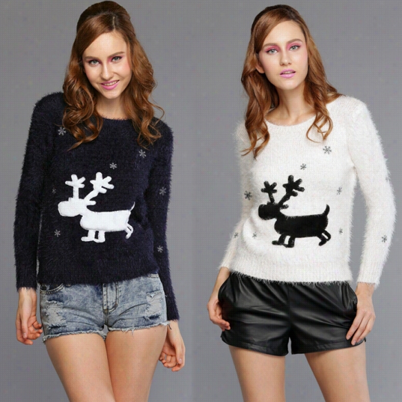 Women Cartoon Print Pullover Long Sleeve Knitted Sweater Knitwear Tops