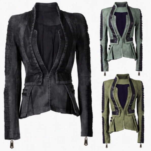 Women Denim Synthetic Leather Contrast Zip Sleeves Pleated Tuxedo Toop Jacket  Blazer