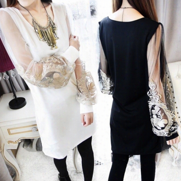 Womenn Dress New Fashionn Embroidery Lantern Long Sleeve Evening Dress