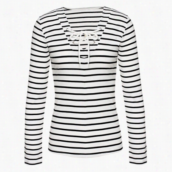 Women Fashion Casula Lace Up Bandage V Nsck Long Sleeve  Striped T Shirt Tops Blouse Te E Shirts