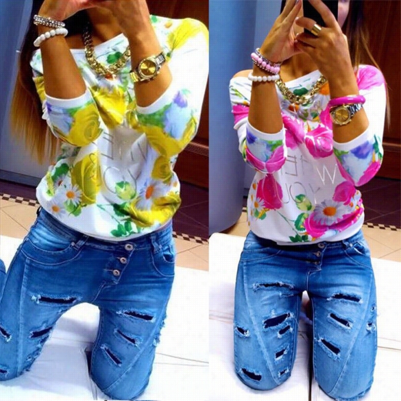 Women Fashion Casual Long Sleeve Floral  Print Sweats Pullover Sweatshirt