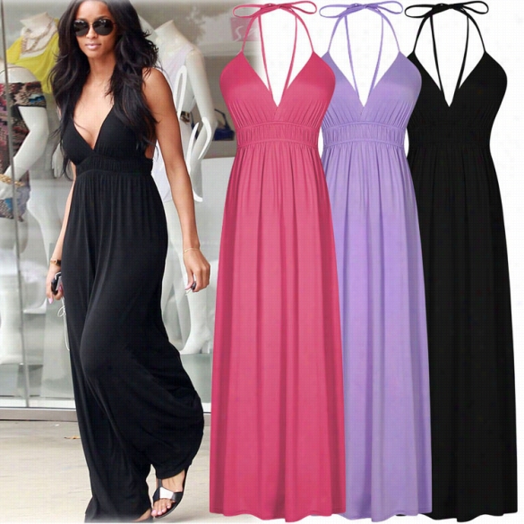 Women Fashion Casual Sexy V Neck Halter Leevelrss Backless Springy High Waist Long Maxi Beaach Party Dresses