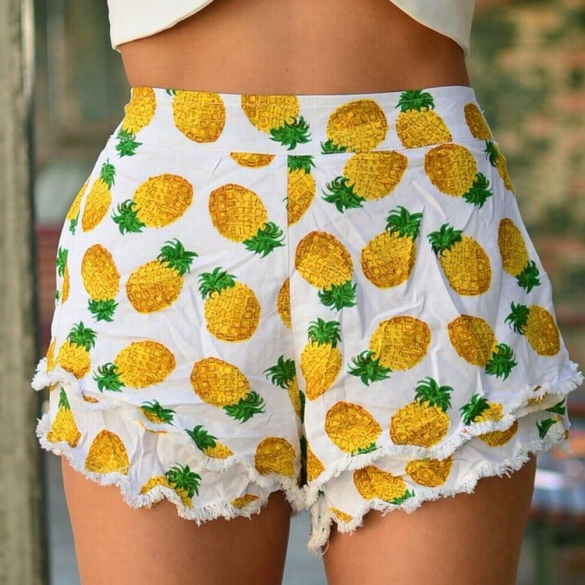 Women Fashion Casual Slimmnig Pinapple Print Lace Trimmming Beach Burning Shorts