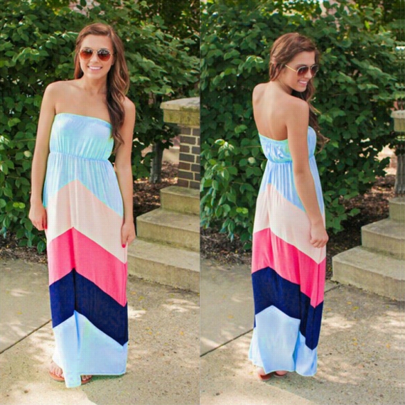 Women Fashion Sexy Strapless Sleeveless Off Shoullder Backless Patchwork Wave Strip Maxi Long Dress