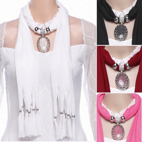 Women Hollow Flower Rhinestone Soft Crystal Pendant Necklace Scarf Shawl