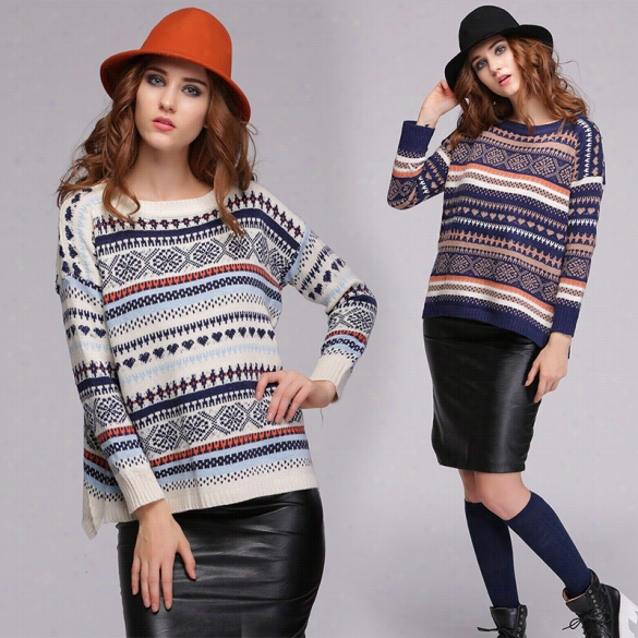 Women Knitted Stripe Casual Loose Pullover Thick Sweater Outwear Topps 2 Colors