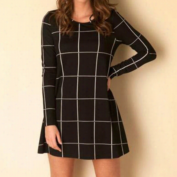 Women Ladies O-neck Lng Sleewe Plaid Check Print Flared Swing Dress