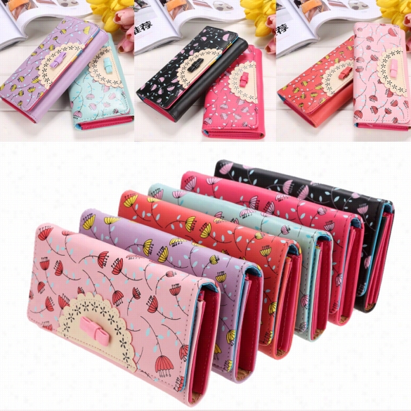 Women Lady Girl Ssweeftloral Design Bowknot Mobile Bag Cqrd Holder Clutch Long Purse Wallet