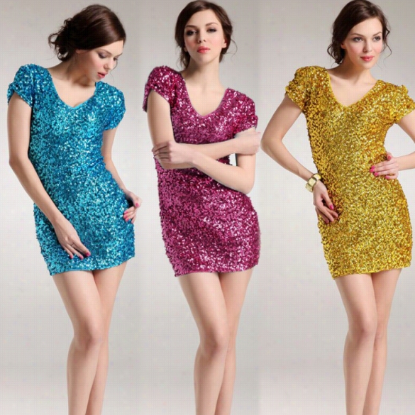 Womeh Sexy Sparkle Sequins Deep V Neck Club Evening Cocktail Party Bodycon Dress Prlm Dress