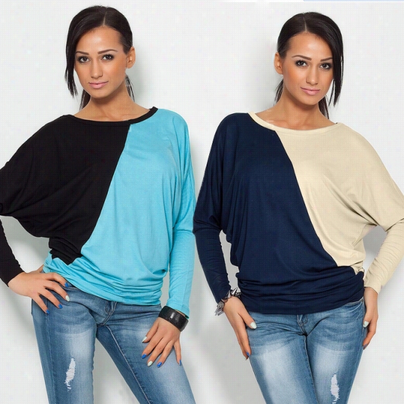 Women's Contrast Coloor Batwing Sleevek Imono Round Neck Tops Blouse