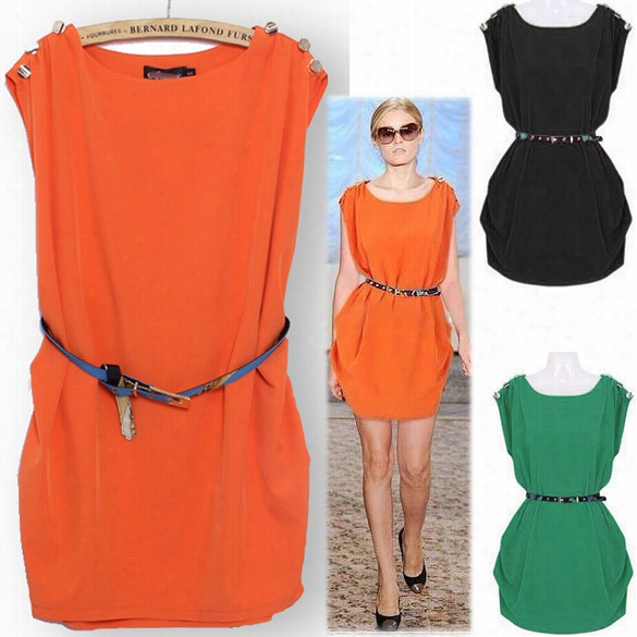 Women's Elegant O-neckk Sleeveless Button-shou Lder Tunic Dress With Belt