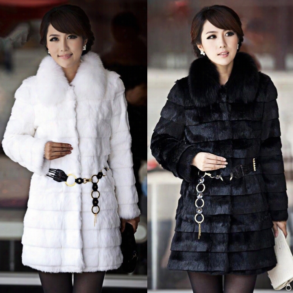 Women's Hot Warm  Sheep Ksin Faux Fur Fox Fur Mid Long Coat Shawl Parkka Overcoat