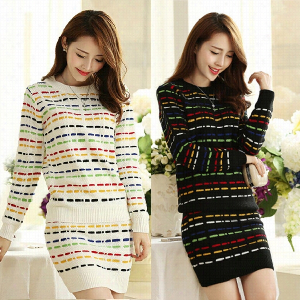 Women's Long Sleeve Autumn Fashion Knit Jumper Sweater + Skirt Set