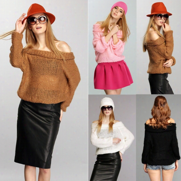 Women''s Off The Shoulder Knitted Pullover Knitwear Sweater Jumper Tops