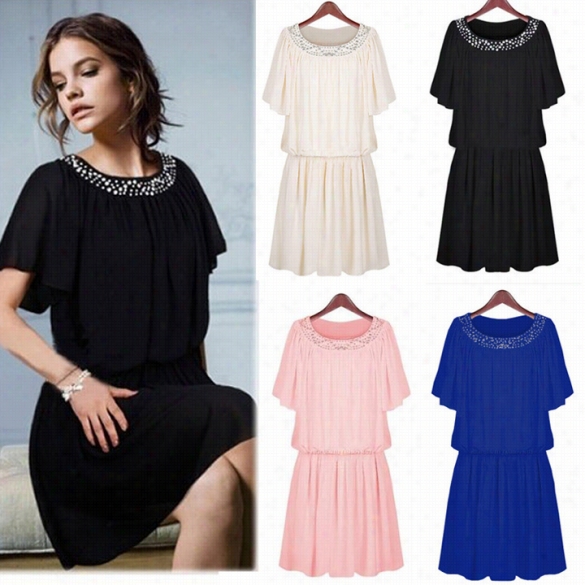 Women's Smumer Sexy Short Sleeve Chiffon Dresses Loose Ladies Casual Knee-length Prepare