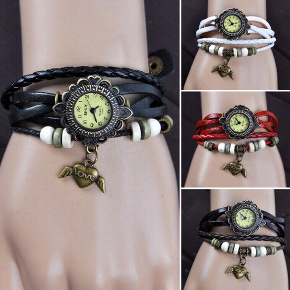 Women's Vintage Sstyle Bronze Angel Heart Hollow Carved Leather Hand-woven Bracelet Watch