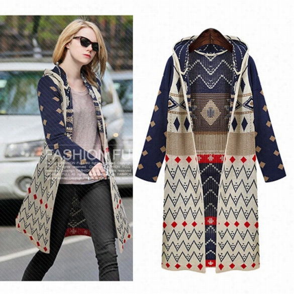 Women's Winter Fashion Bohemian Hooded Long Knitting Coat Cardigan Outerwearl Ong Jacket