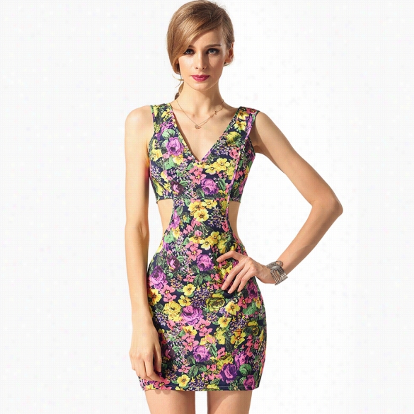 Zeagoo Stylish Ladies Women Sleeveless Deep V Neck Backkless Bare Waist Sexy Mini Floral Print Dress