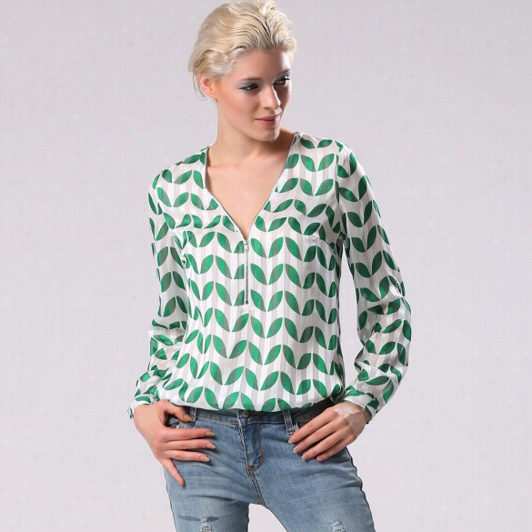 Zeagoo Sstylish Woen Hot Fa Shion Leaf Imitate Long Sleeve Front Zip V-nck Top Blouse