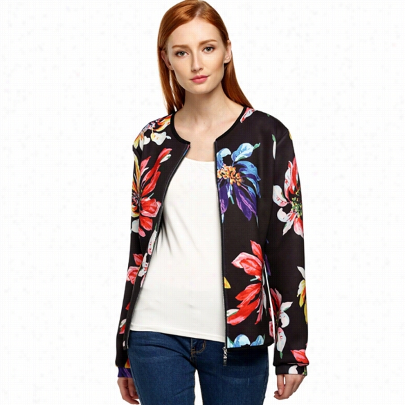 Zeagoo Women Fashion Casual Collarless Long Sleeve Floral Print Zip Jjacket Coat Tops