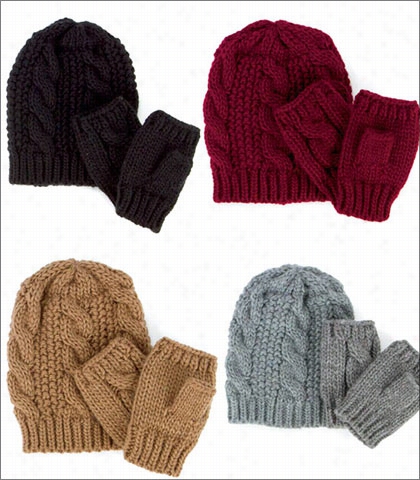 Four Buttons Cable Knit Fingerless Gloves And Beanie Set Style Knh3340