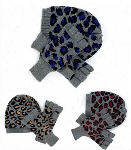 Foru Buttons Leopard Kniit Finger Less Gloves And Beanie Set Style Knh3332