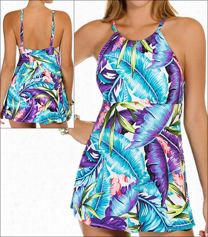 Caribbean Joe Luxe Leaves Swimwear One Piece Swimdress High Neck Style 888877