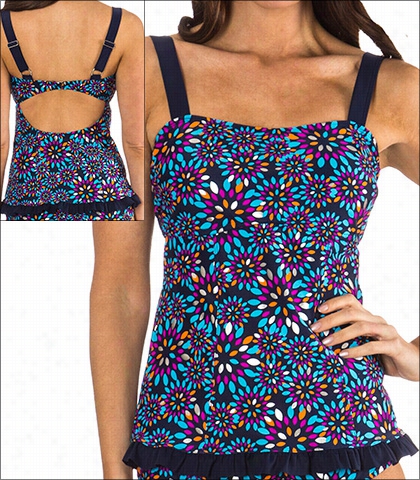 Mazu Rufled Hem Bandeau Tankini Top Style 1075 In Navy  Print