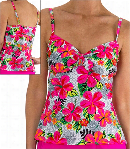 Mazu Tie Front Undrwire Tankini Top Style 106b In Pink Print