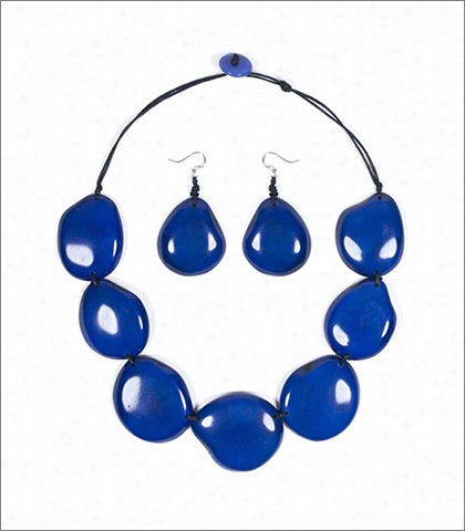 Organic Tagua Jewelry Riertsone Handcraffted Carved And Polished  Statement Necklace And Earring Set Sytle L2c03 In Color Azul Blue