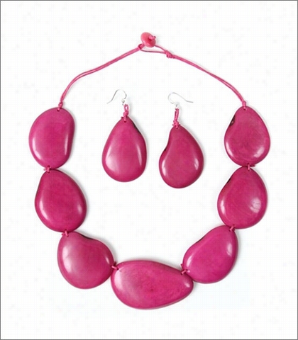 Organic Tagua Jewels Riverstone Hhandcrafted Carved And Refined Statement Neecklace And Earring Se Tstyle Lc203 In Color Pink