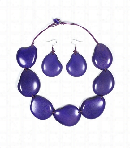 Orgganic Tagua Jewelry Riverstoe Hancrafted Carved And Polished Statement Necklace And Earring Set Style Lc203 In Colo Purple