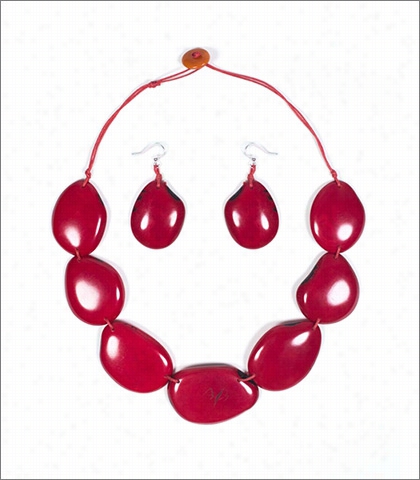 Organic Tagua Jewelry Riverstone H Andcrated Carved Nad Polished Statement Necklace And Earring Set Style Lc203 In Color Rojo