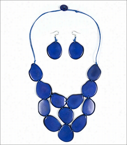Organic Tagua Jewelry Waterfall Handcrafted Organic Cascading Necklace And Earring Set Style  Lc205 In Color Azul Blue