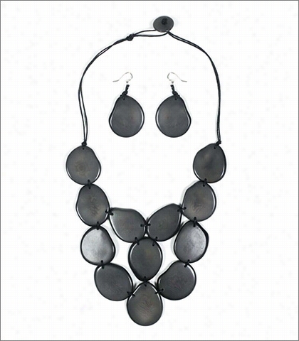 Organic Tagua Jewelry Waterfall Handcrafted Organjcc Cascading Necklace And Earring Set Style Lc205 In Color Plomo Charcoalis